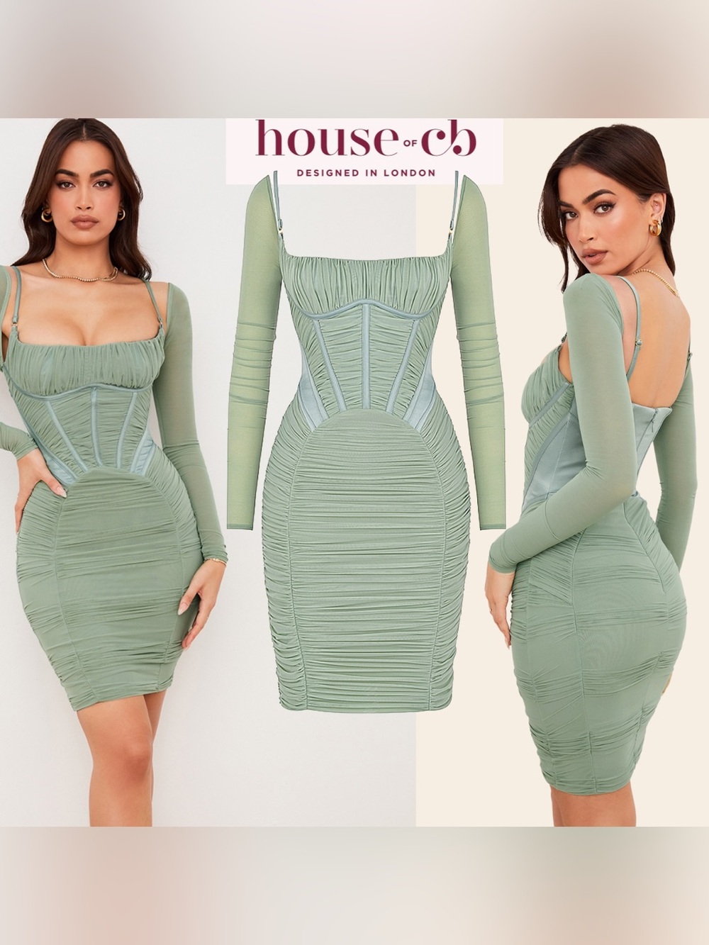 House of CB Green Ruched Mesh Corset Mini Dress Milkmaid Victorian Romantic Sz M
